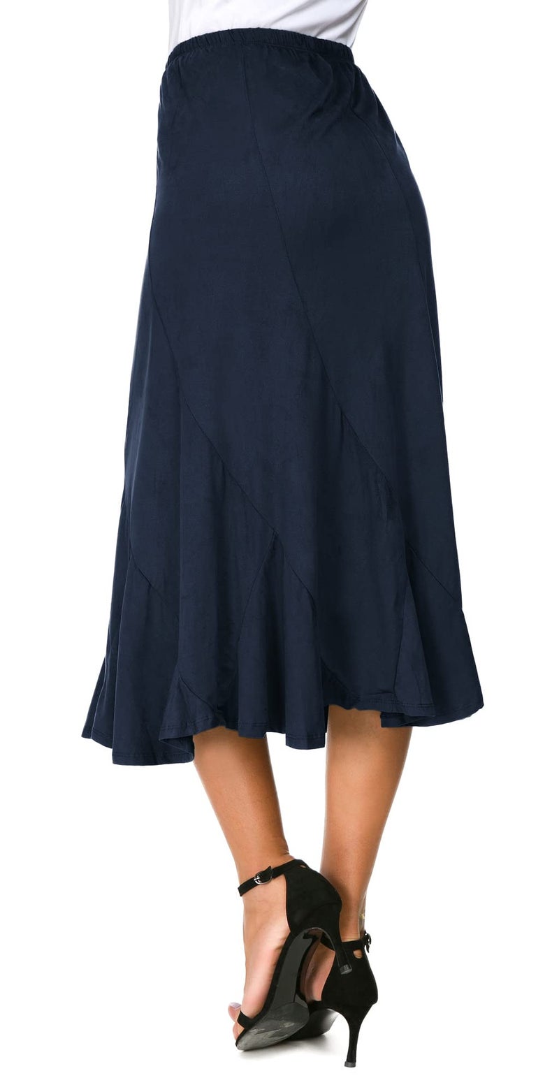 EXCHIC Women's Elegant Ankle Length Ruffle Hem Elastic Waist Suede Midi Skirt (L, Indigo Blue) - Image 3